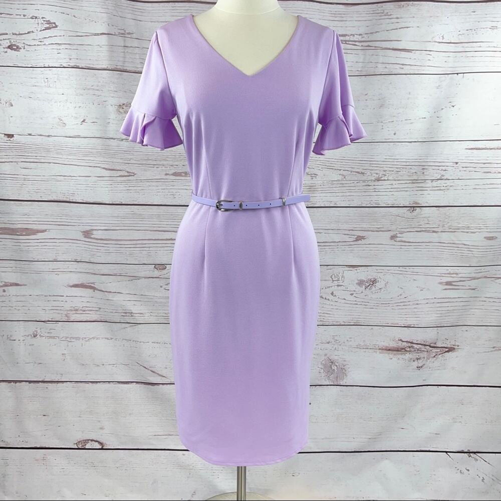 New York & Company lavender sheath dress ruffles on the sleeve